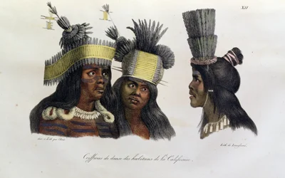 Rituelle Kopfbedeckungen, getragen von Eingeborenen Kaliforniens, aus 